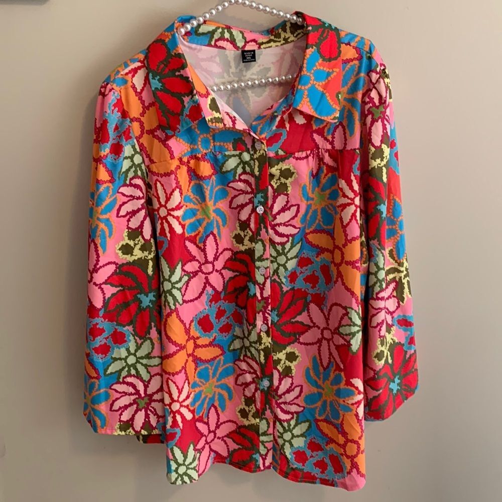 Shein Curve Blouse 3XL Multicolor Floral Button Up Long Sleeve Collared Top